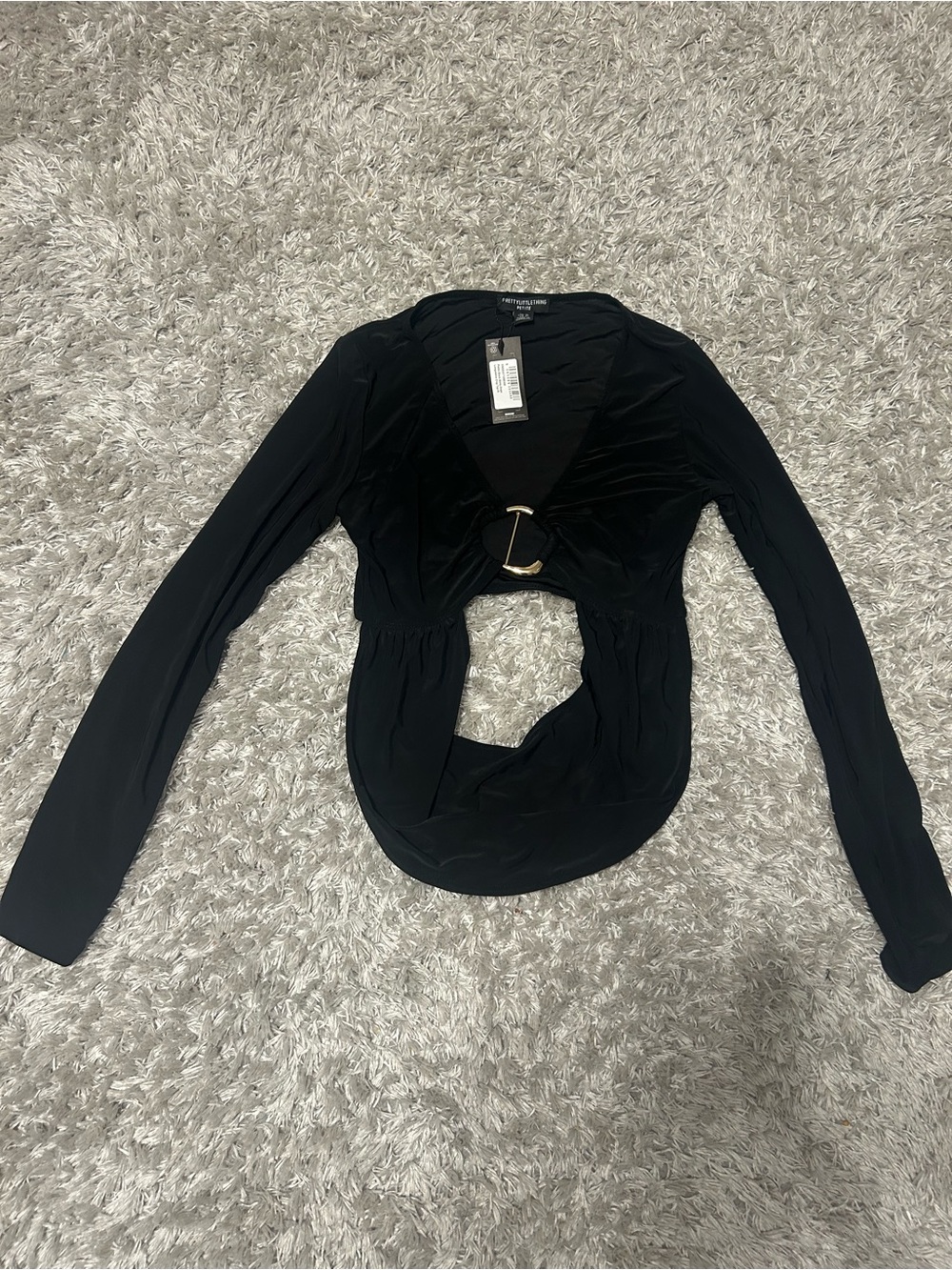 PrettyLittleThing petite Black Long-Sleeve Crop Top with Gold Ring